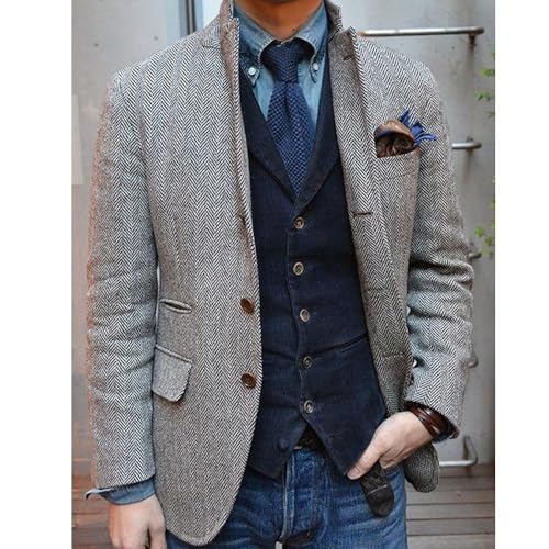 Mens Wool Herringbone Tweed Check Blazer Outwear Prom Groom Sports Jacket Casual Coat for Fall Winter2