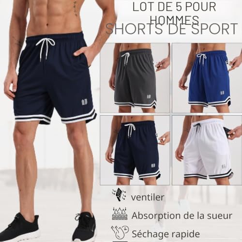 fovdtaa Lot de 5 shorts de sport pour homme à séchage rapide avec poches et taille élastique, Noir, gris, bleu, bleu marine, vert, L – vue 2