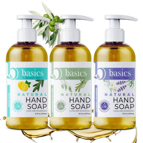 Brittanies Basics Natural Olive Oil Hand Soap 3-Pack (12 fl oz Each) | Lavender Chamomile Lemongrass Tea Tree & Lemon Sage | Moisturizing Vegan Cruelty Free Sulfate & Paraben Free Made in USA