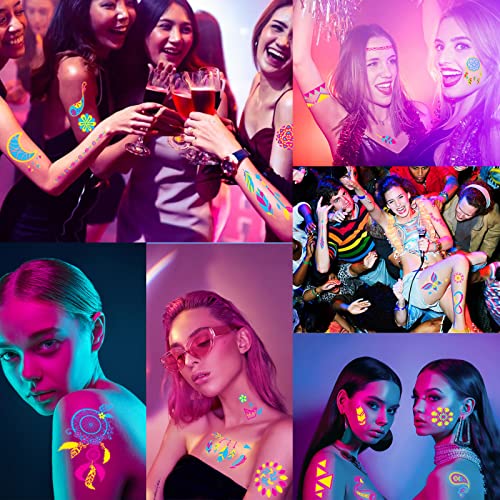 Cokohappy 20 Sheets Glow Under Uv Blacklight Neon Temporary Tattoo, 160+ Styles Neon Accessories For Glow Party, Blacklight, Bachelorette, Waterproof Luminous Fake Tattoo For Women Neno Party Rave Supplies #TOP3