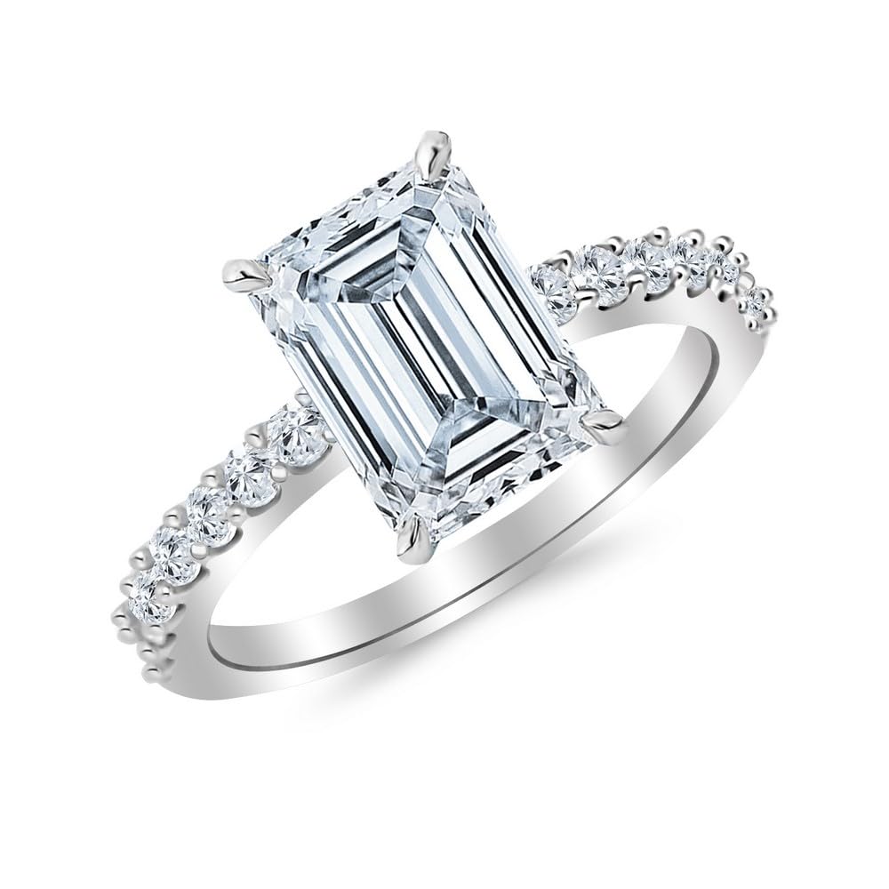 14K White Gold 1.5 to 5.5 Carat LAB GROWN DIAMOND Classic Prong Set Emerald Cut Diamond Engagement Ring (D-E Color VS1-VS2 Clarity)