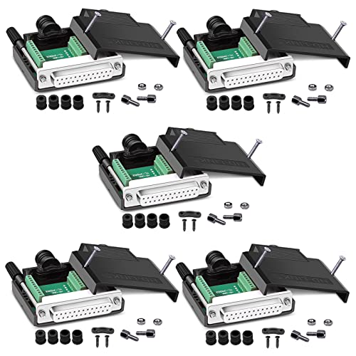 ANMBEST 5PCS DB25 Solderless Connector, RS232 D-SUB Serial to 25-pin Port 16mm Thinner Terminal Female Adapter Breakout Board with Case Long Bolts Nuts