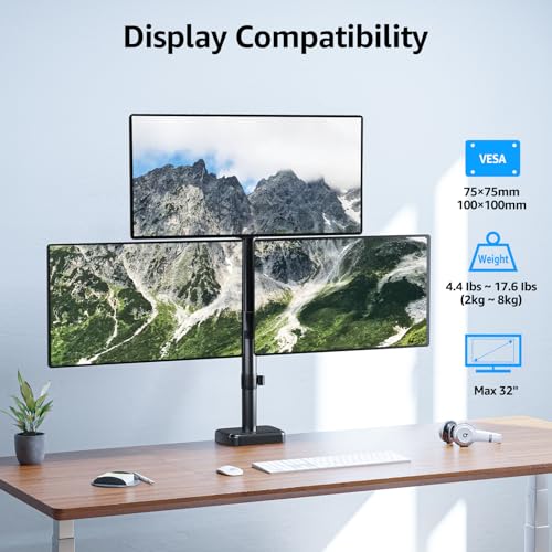 Image of MOUNTUP Triple Monitor Mount Fits Max 32 Inch Screen, Holds 4.4-17.6lbs, 3 Monitors Desk Mount, Triple Monitor Stand for Desk, Adjutable Arm with Clamp /Grommet Base, for Home Office, 75x75 /100x100