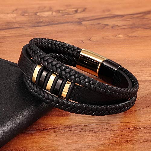 PULSEIRA BRACELETE MASCULINO COURO GENUINO PRETO 21CM G1331