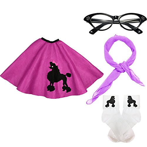 50s Womens Costume Accessory Set - 1950s Poodle Skirt, Chiffon Scarf, Cat Eye Glasses,Bobby Socks w/Poodle Applique (Purple)