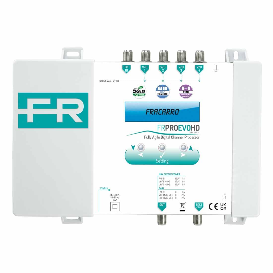 FRACARRO Central Programable de Filtrado Selectivo: 5 Entradas B1+FM y VHF/UHF – 32 Filtros de 1 a 6 Canales – Autoecualizador y Conversión Mux Repetida – Salida 118dBμV (FRPRO EVO HD)