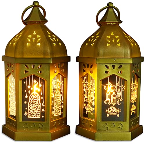 SHYMERY Ramadan Lantern, 7.8" Ramadan Decorations Eid Lights with Star Moon Lights Patterns,Golden Eid Mubarak Candle Lantern Kids Gifts for Home, Table, Tree, Activities, Party, Porch(Set of 2)
