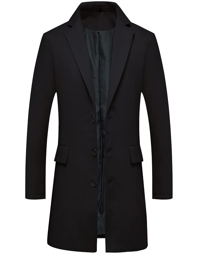 Men's Classic Wool Trench Overcoat Single Breasted Mid Long
