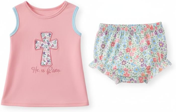 abby&evie Pink floral cross embroidery ruffle bloomer set
