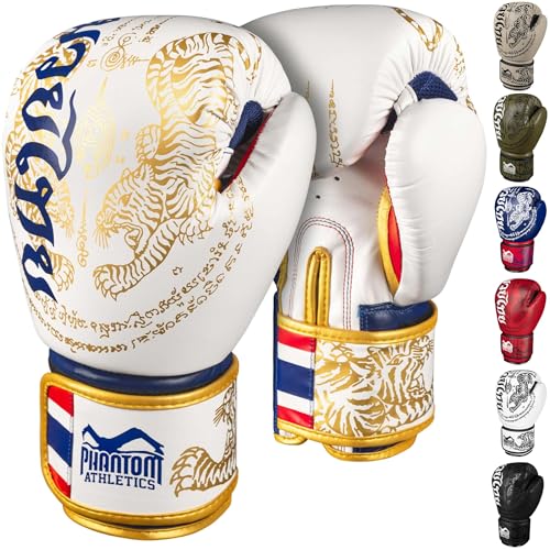 Gants de Boxe Phantom Athletics Hommes Muay Thai | MMA et Kickboxing | Gants de Boxe 10-16oz pour Arts Martiaux | Gants de Boxe pour Hommes, Femmes et Enfants (édition limitée Blanc/Or, 16 oz)