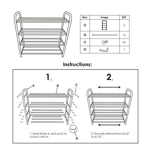 Gemitto Shoe Rack Organizer For Closet Entryway, 4 Tiers Adjustable Heavy Duty Metal Shoe Storage Shelf, Large Enough For 20+ Pairs Of Shoes (23.6"~41.7"X8.9"X24.2")(Silver) #TOP4
