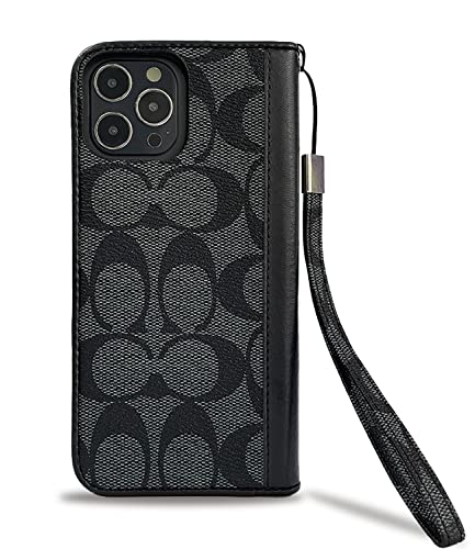 Luxury Iphone 13 Pro Max Wallet Case - Premium Leather Magnetic Flip, Wrist Strap, Card Holder, Tpu - Black #TOP1