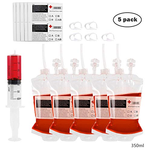 ODOMY - Bolsa de donación de sangre para Halloween, fiesta de Halloween, decoración para infusiones de bebidas con jeringa con clips para decoración de Halloween (5 x 350 ml)