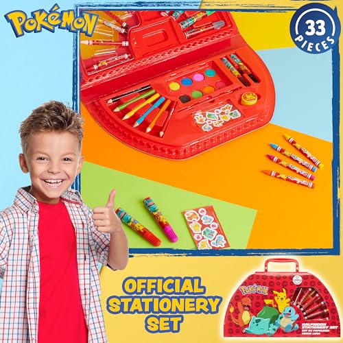 Pokemon Malkoffer Kinder Bastelset Malen Set mit Wasserfarben Filzstifte Buntstifte Wachsmalstifte Pikachu Geschenke für Kinder (Rot) – Ansicht 2