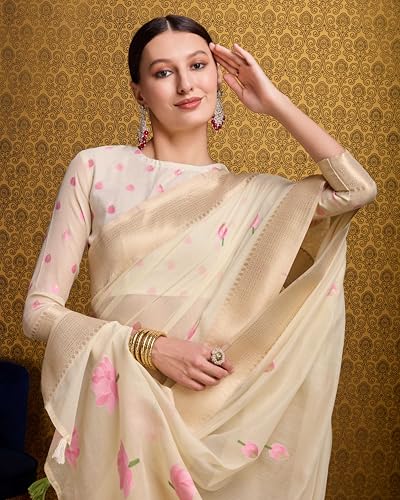 Image of SWORNOF Womens Linen Silk Saree | Saree for Women With Unstitched Blouse | Saree with Blouse Piece | Soft and Skin Friendly