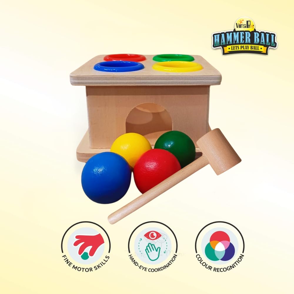 VinsPro® - Wooden Hammer Ball Knock Pounding Bench with Box Case Fine Motor and Dexterity Skills Early Educational Toy Set for Kids 3+ Years (Hammer Ball) 1