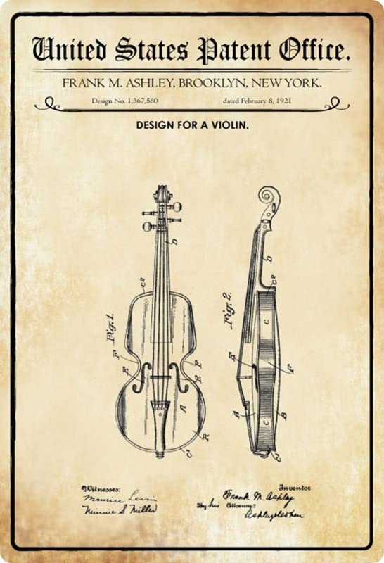 Metal Sign 20 x 30 cm Patent Design for a Violin 1921 Tin Sign