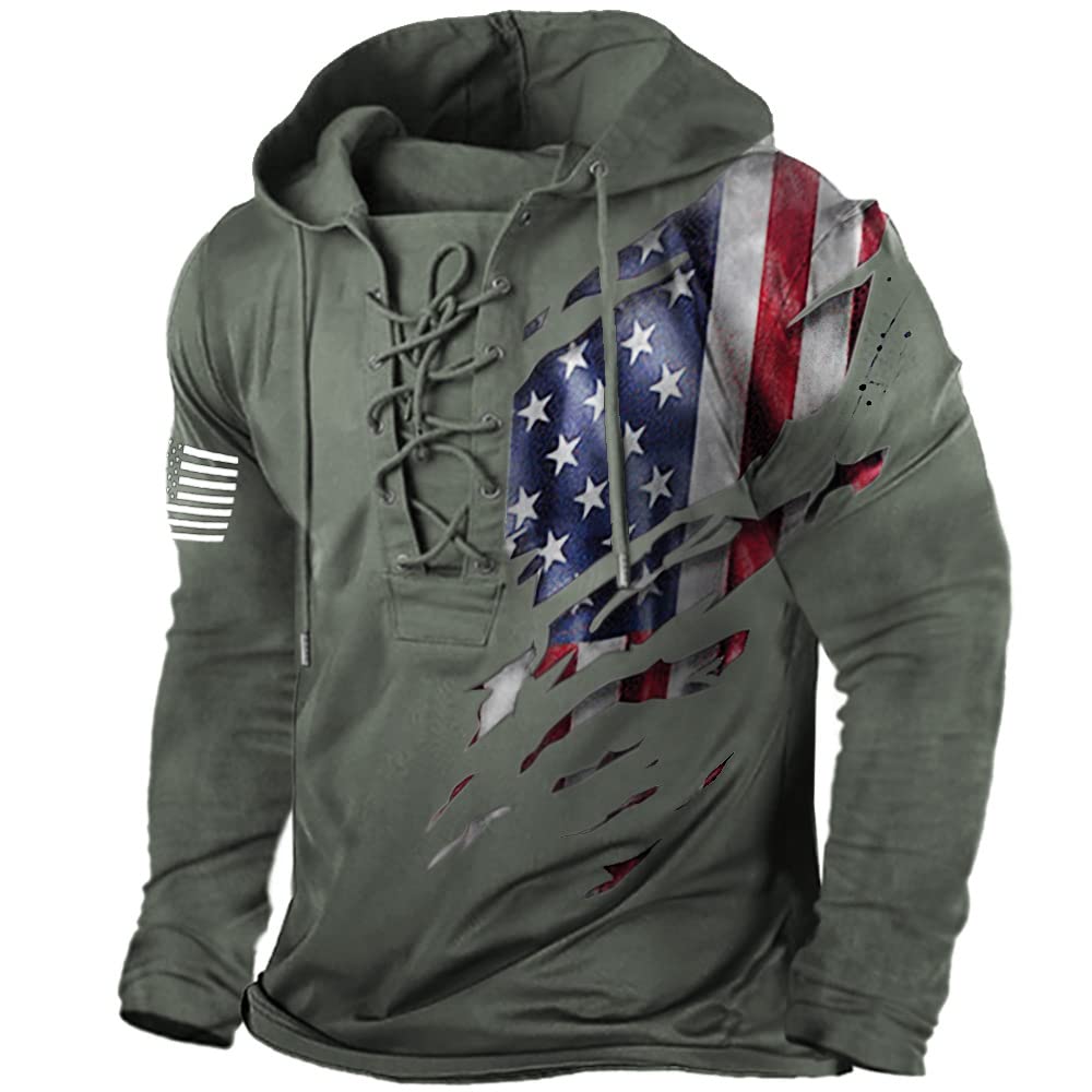 PORCLAYMen's American Flag Hoodie Outdoor Military Tactical Hooded Sweatshirt Graphic Printed Laceup Pullover Shirt