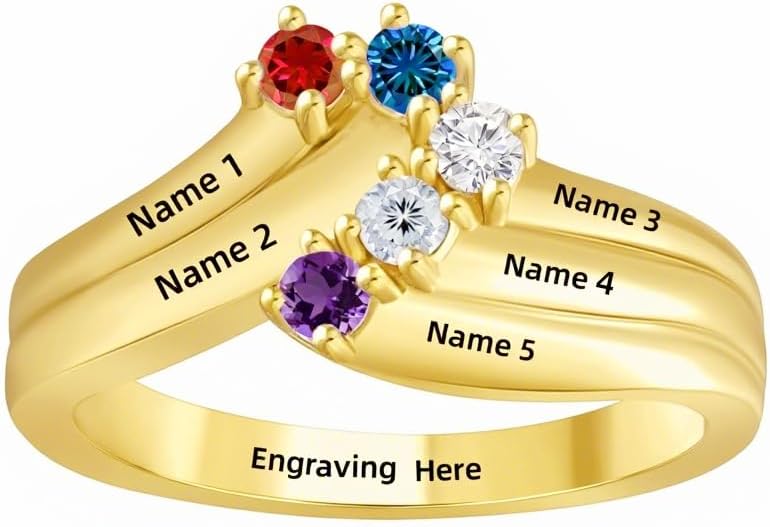 Personalized Mother Ring for Women Wife Grandma 10K/14K/18K Solid Gold Mother Daughter Ring with 5 Birthstones Engraved Name Family Ring Jewelry for Birthday Mother's Day