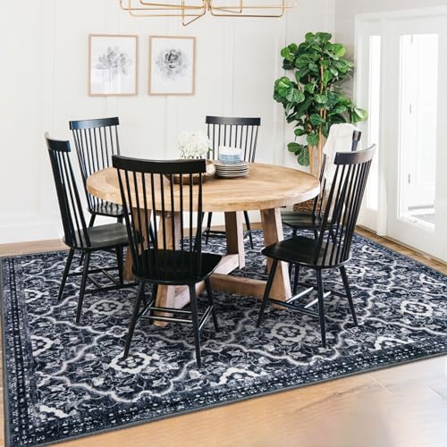 KILOCOCO 5x7 Area Rug, Moroccan Super Soft Washable Living Room Vintage Rug, Non-Slip Large Print Faux Wool Throw Indoor Rug for Entryway Bedroom Office Carpet, Black/Navy Blue White