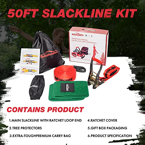 Autofonder 50Ft Slackline Kit-250Lbs Weight Capacity For Adults Children Beginners-Perfect Slack Line With Tree Protectors Ratchet Cover Carry Bag And Instructions Backyard Camping #TOP1