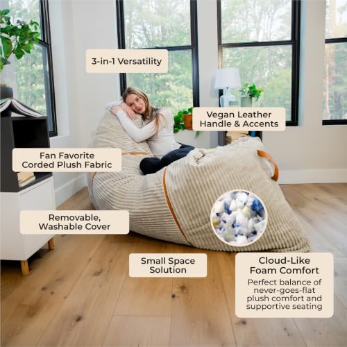 Image of Big Joe Turnabout 3-in-1 Convertible Bean Bag Chair, Vanilla Latte
