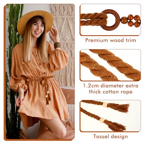 Women's Tassel Braided Waist Belt, Skinny Woven Belt for Dress Waist Belt Rope Chain with Woven Wooden Beads4