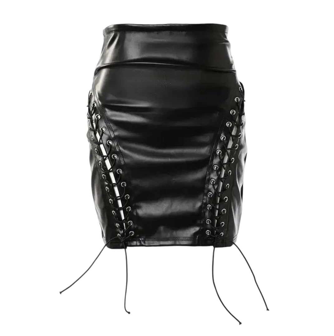 Kelsiop Minigonna da donna in pelle PU nera con occhielli con lacci a vita alta slim fit party clubwear
