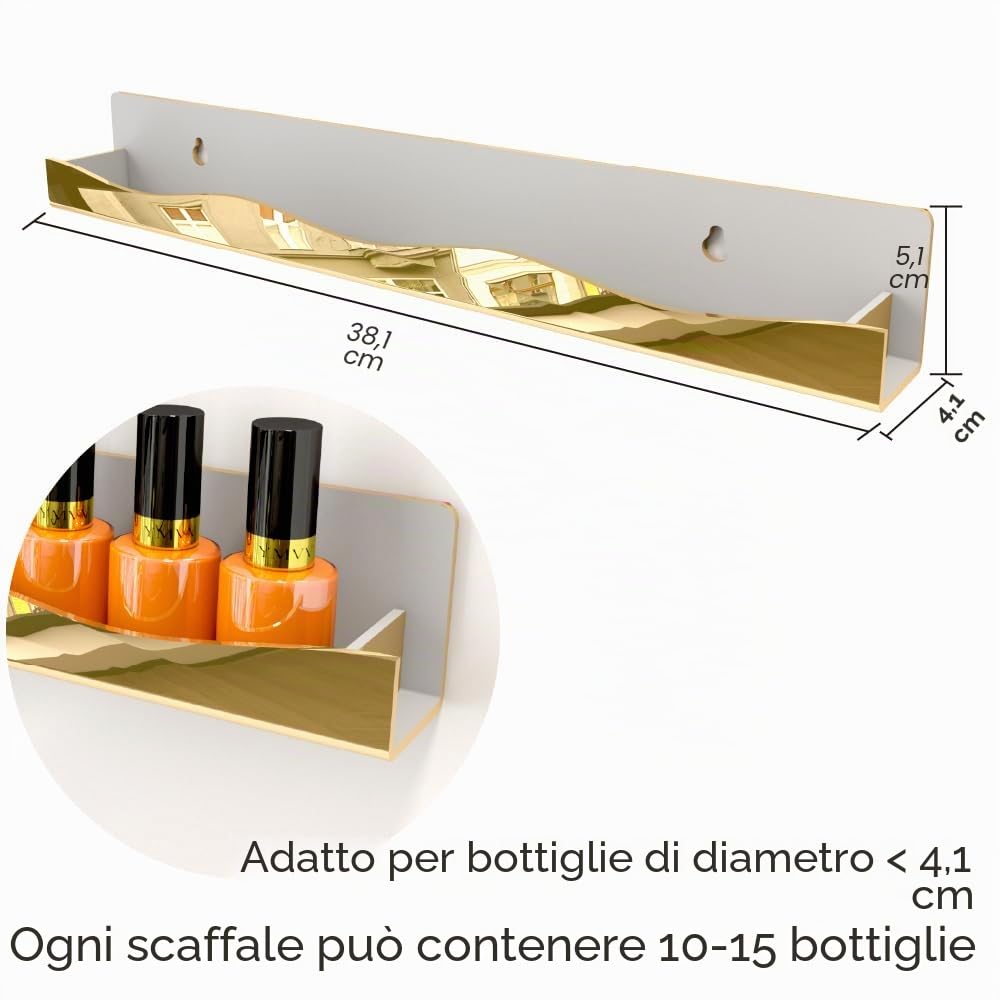 YMVV Organizer da parete per smalti, 38,1 cm, finitura a specchio dorato, per riporre smalti e cosmetici essenziali, espositore multiuso per piccoli spazi, bagno di vanità, confezione da 6