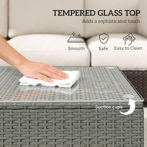 Outsunny PE Rattan Coffee Table, Rectangular Outdoor Coffee Table with Tempered Glass Top, 70 KG Capacity for Garden, Balcony, Terrace, Patio, Light Grey 5 Outsunny PE Rattan Coffee Table, Rectangular Outdoor Coffee Table with Tempered Glass Top, 70 KG Capacity for Garden, Balcony, Terrace, Patio, Light Grey - Image 5