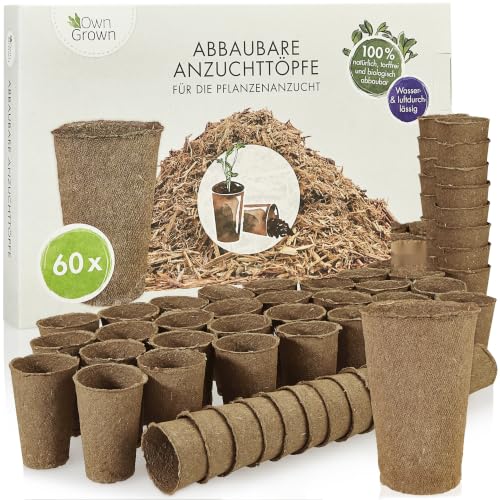 OwnGrown Macetas de Cultivo Biodegradable: Kit de 60 macetas de Cultivo para sembrar de Flores y Plantas de Fibra de Madera biodegradables para jardín