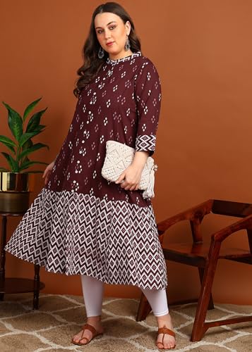 Image of Yash Gallery Women's Cotton Relaxed Fit A Line Rayon & Cambric Zig-Zag Printed A-Line Kurta