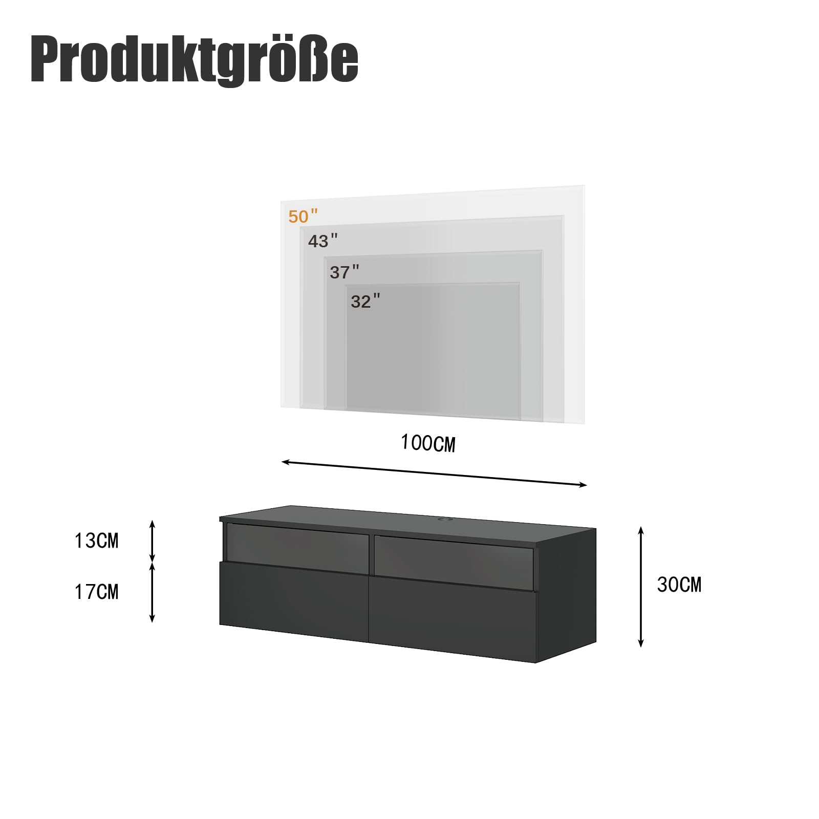 KEEPREAPER Lowboard 100cm TV Schrank mit LED-Beleuchtung hängend Schwarz | Fernsehschrank, griffloses TV-Board, 2 Schubladen mit Acryl für Wohnzimmer
