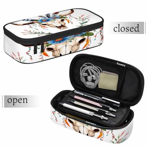 Image of Cow Skull Pencil Holder Bag Bull Head Flowers Feathers Boho Style Pencil Case College Office School for Teens Boy Girl