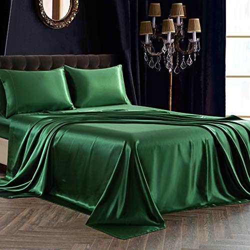 SiinvdaBZX Juego de sábanas de satén de 3 piezas tamaño individual, ultra sedosas, suaves, de satén verde esmeralda con bolsillo profundo, 1 sábana bajera, 1 sábana encimera, 1 funda de almohada con