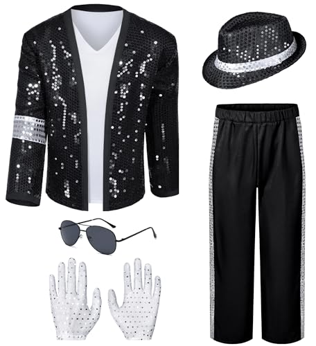 Mens Dance Star Costume for Adult 80s 90s Glitter Pop Stage Party Halloween Cosplay Small Black
