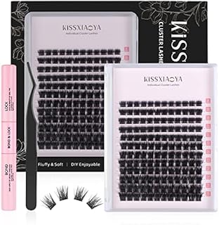 KISSXIAOYA Cluster Eyelash Extensions Kit, DIY Lashes Extension Kit with Lash Bond & Seal and Applicator, 144 Pcs 0.10mm 56D 9-15mm Mixed Wide-stem Cluster Lash, Individual Lashes Kit at Home (Cluster Lash Kit)