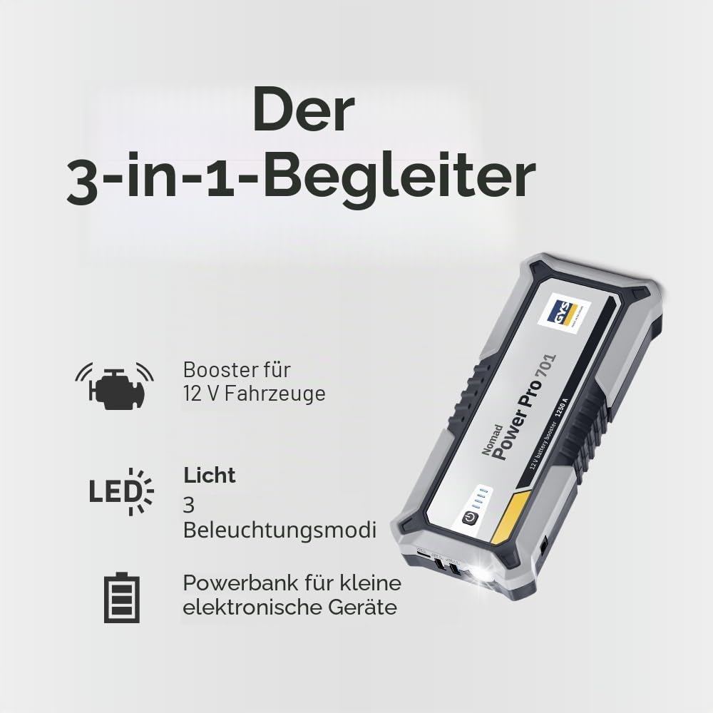 GYS, Nomad Power Pro 701, Starter/Booster Lithium-Akku, tragbar, 2000 A, Fahrzeuge 12 V (Motorrad, Auto), sicherer Start, externer Akku 6 Ah (PowerBank), LED-Lampe, LCD-Display