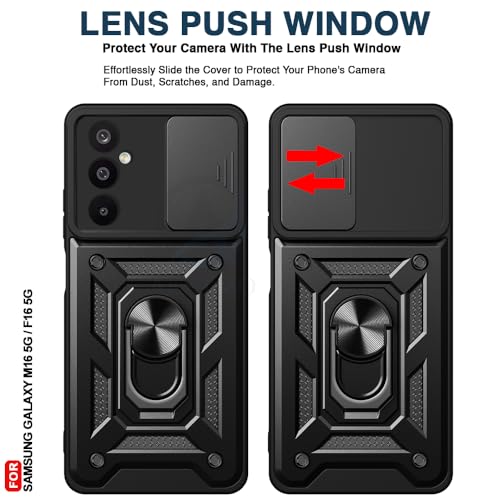 Image of AESTMO Tough Armor Samsung Galaxy M16 / F16 5G Bumper Back Case Cover | Ring Holder & Sliding Camera Cover | 360 Degree Protection Back Case Cover for Samsung Galaxy M16 / F16 5G (Black)