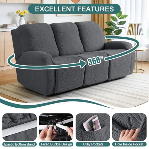 Image of Ruaozz Recliner Sofa Covers Recliner Chair Covers Couch Covers for Reclining Couches with Pockets Washable Furniture Protector with Elastic Bottom (3 Seater, Dark Gray)