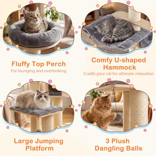 Image of Tangkula Modern Cat Tree, Multi-Level Large Cat Tower with Condo, Hammocks & Hanging Basket, Tall Cat Tree with Sisal Posts, Washable Cushions, Wood Cat Trees and Towers for Indoor Large Cats