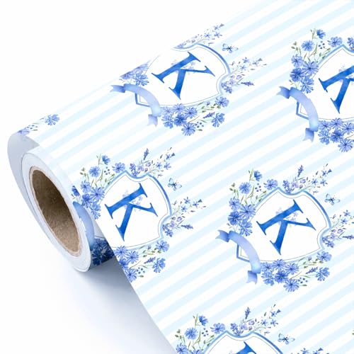 WRAPAHOLIC Blue Monogram Wrapping Paper Roll - Mini Roll - 17 Inch x 16.5 Feet - Letter K Stripe Watercolor Blue Floral Wrapping Paper for Birthday, Bridal Shower, Wedding, Baby Shower