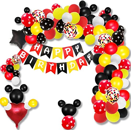 156 Maus Luftballons Girlande Bogen Kit Schwarz Rot Weiß Gelb/Happy Birthday Banner Girlande Bogen und Ballon Maus Mouse Geburtstagsdeko Thema Party Geburtstag Dekoration Cover