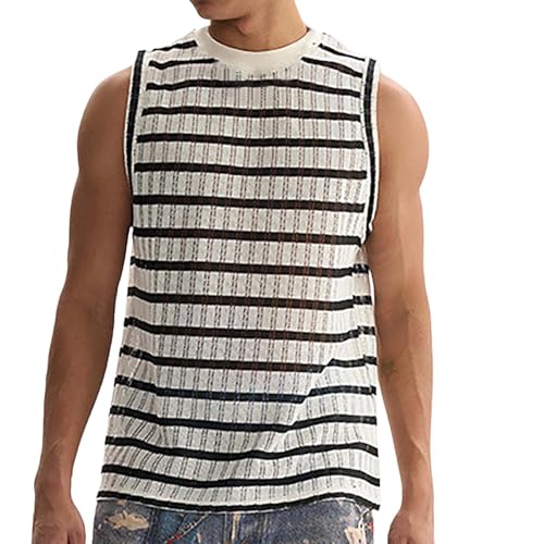 Mens Crochet Sweater Vest Striped Knit Vest Sleeveless Crewneck Blouses Tops Hollow Out Tank Top