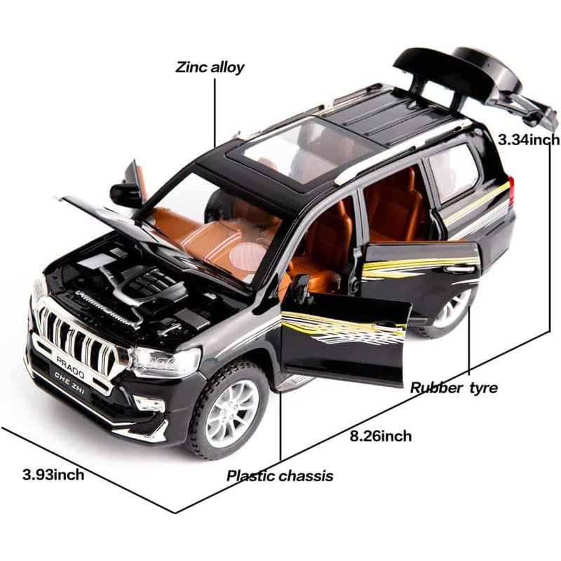 Image of Kids Model 1:24 Prado Die Cast Metal Car Pull Back Action Opening Doors with Realistic Engine Sound Lights Toy Car Gift for Boys - Black