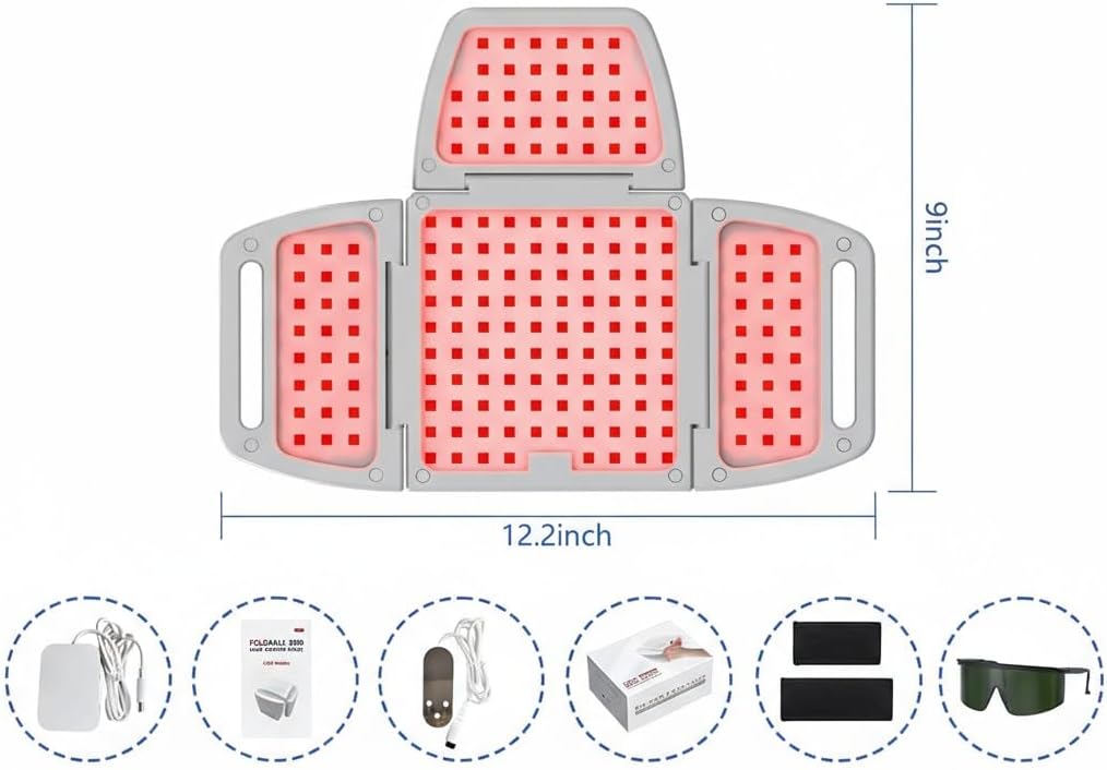 KTS Red Light Therapy Device showing dimensions: 12.2 inches long and 9 inches wide.