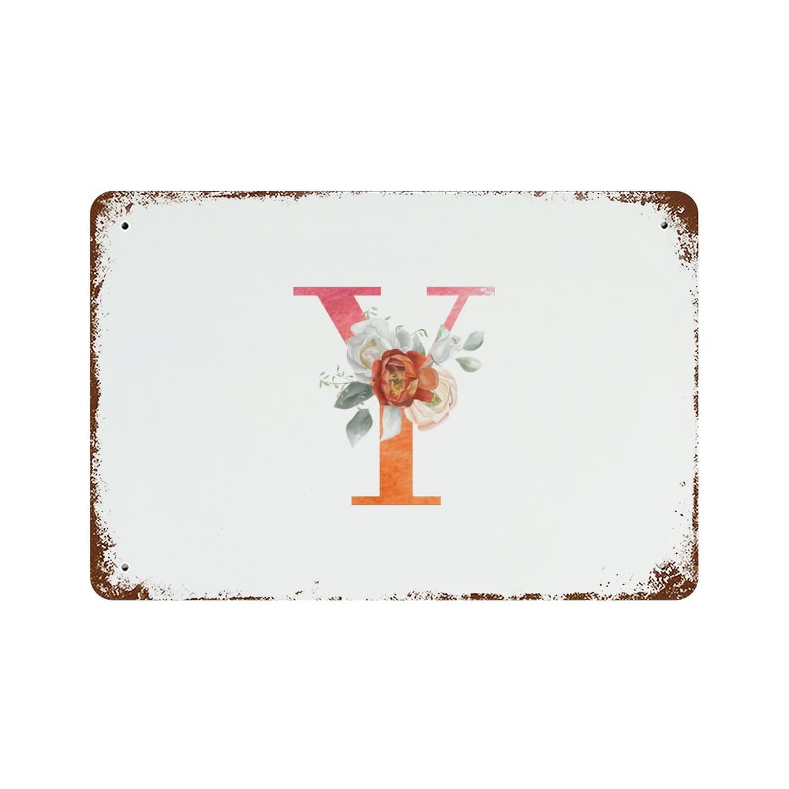 Panneau en métal rétro et lettres florales monogramme Y orange aquarelle