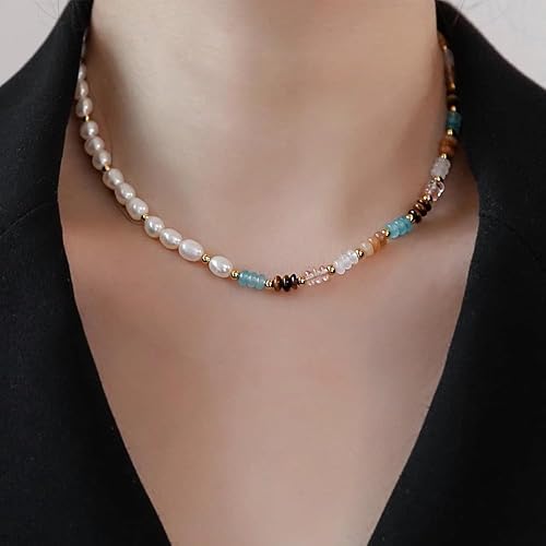 Miniatura 3 de Freshwater Pearl Strand Necklace Tiger Eye Natural Gemstone Handmade Chain 18K Gold Jewelry Birthday Gift for Women 19inch Valentine Gift for Her