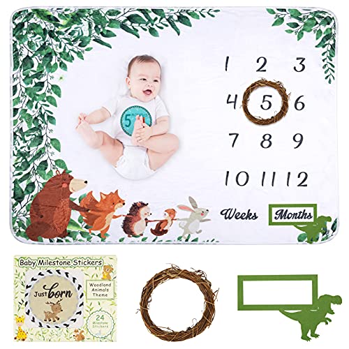 Image of Baby Monthly Milestone Blanket, Unisex Woodland Monthly Blanket and Milestone Stickers for Newborn Baby Shower, Unisex Baby Growth Chart Monthly Blanket for Boy and Girl,