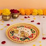 Trendifly Handmade Meenakari Decorative Pooja Rakhi Thali Set with Kumkum Chandan Haldi Holder | Gold Plated Multicolor Puja Thali for Home Mandir Temple | Diwali Pooja Wedding Return Gift Favors